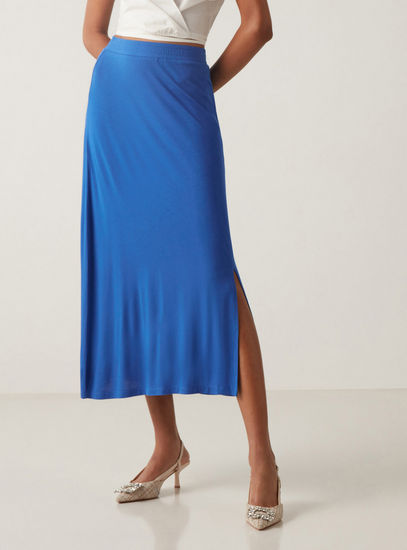 Solid Mid-Rise Midi Skirt with Slit and Elasticated Waistband-Midi-image-0