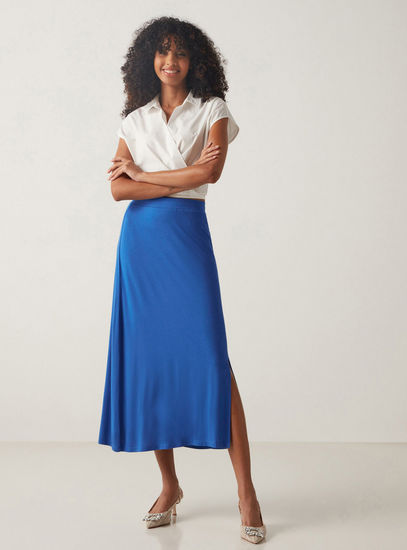 Solid Mid-Rise Midi Skirt with Slit and Elasticated Waistband-Midi-image-1