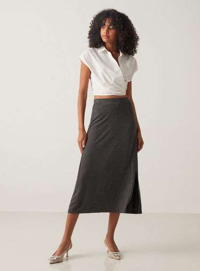 Solid Mid-Rise Midi Skirt with Slit and Elasticated Waistband-Midi-image-1