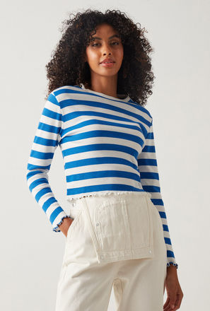 Ribbed Crew Neck Top with Short Sleeves and Tie-Ups