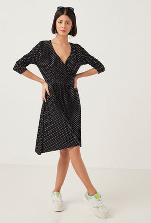 Polka Dot Print A-line Dress with V-neck and Long Sleeves-mxwomen-clothing-dressesandjumpsuits-knee-2