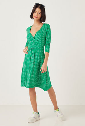 Polka Dot Print A-line Dress with V-neck and Long Sleeves-mxwomen-clothing-dressesandjumpsuits-knee-3