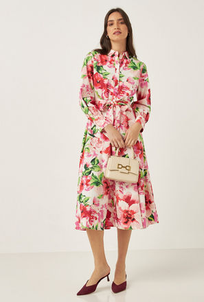 All-Over Floral Print Shirt Dress with Spread Collar and Tie-Up Belt