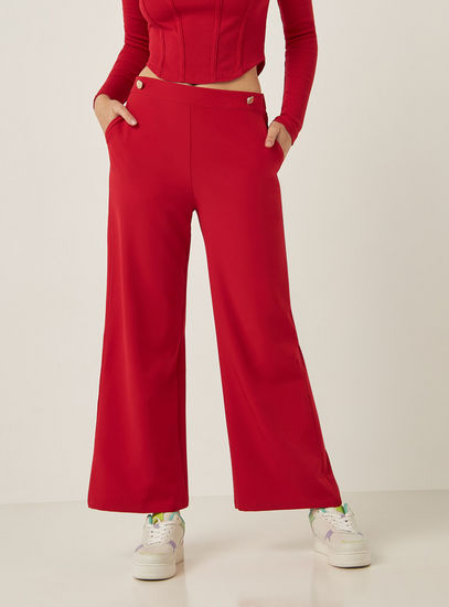 Solid Wide Leg Pants with Pockets and Button Detail