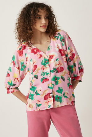 All-Over Floral Print Shirt with Volume Sleeves