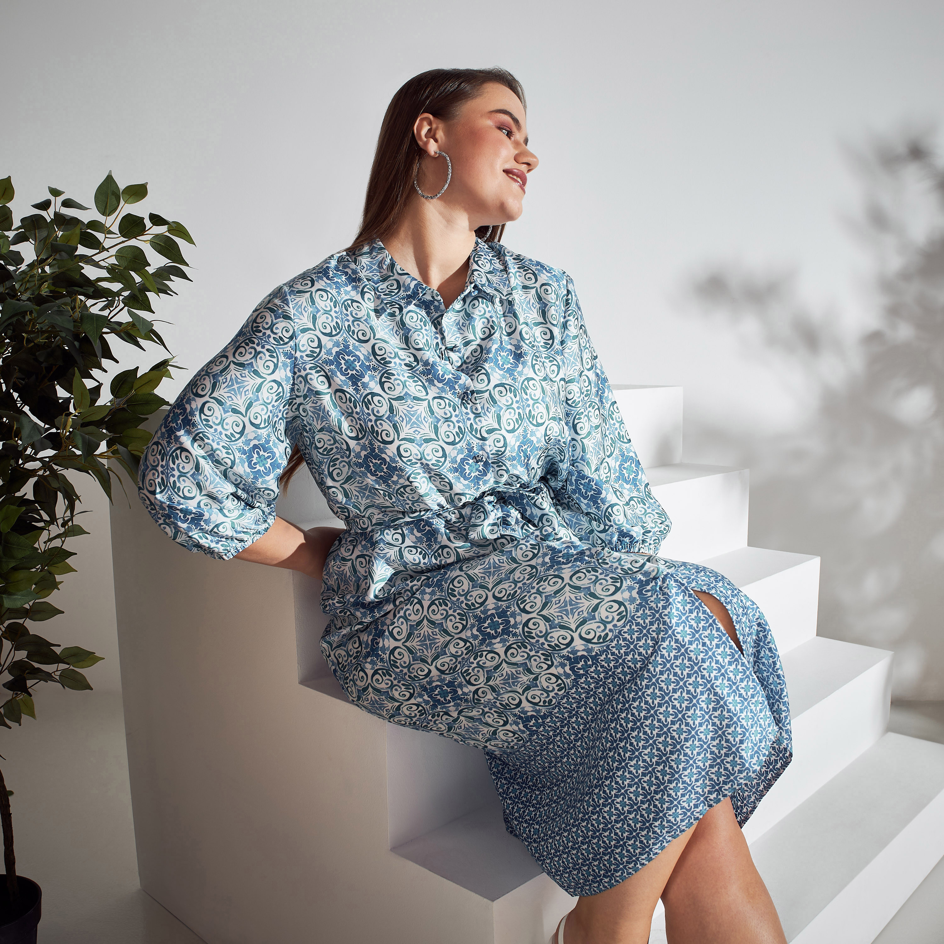 Shop All-Over Print Shirt Dress with Volume Sleeves Online | Max