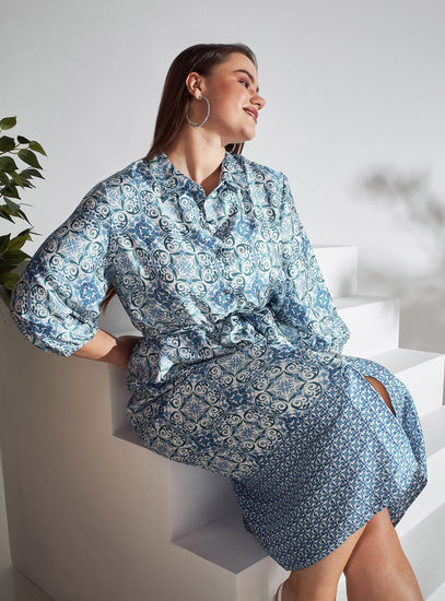 All-Over Print Shirt Dress with Volume Sleeves-Midi-image-0
