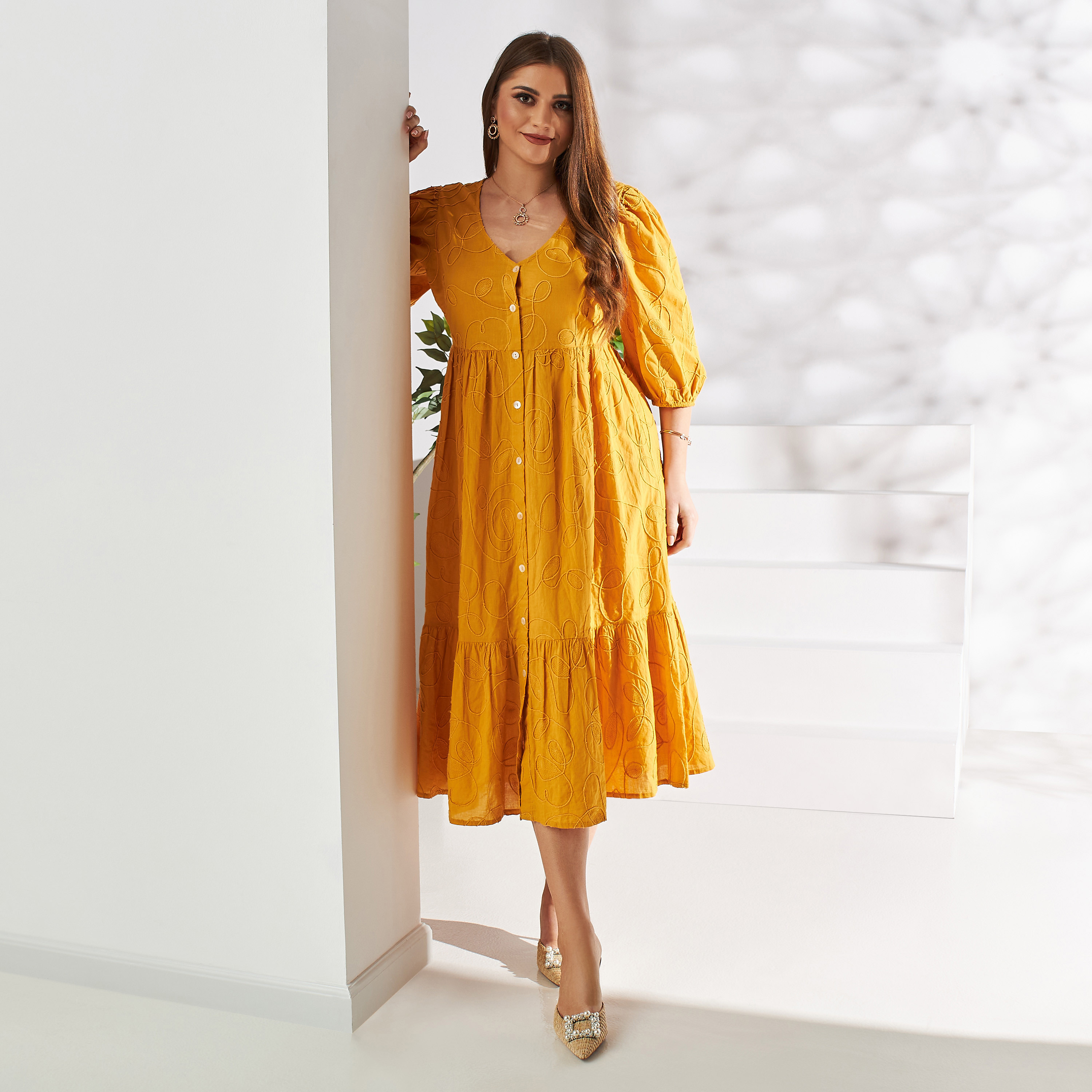 Shop All Over Embroidered Midi Dress with Volume Sleeves Online Max UAE