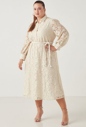 All-Over Laced Midi Shirt Dress with Volume Sleeves and Tie-Up Belt