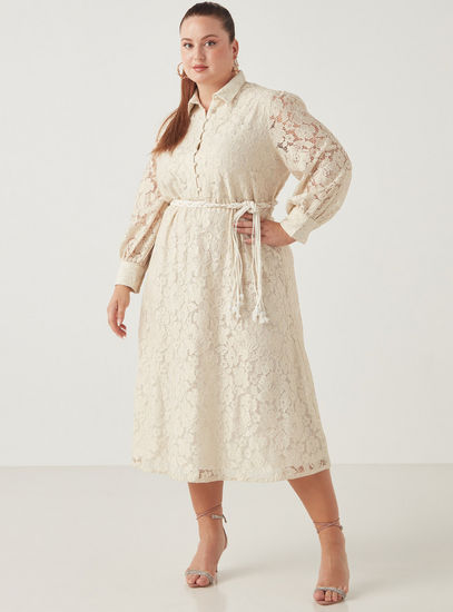 All-Over Laced Midi Shirt Dress with Volume Sleeves and Tie-Up Belt-Midi-image-0