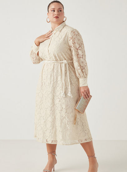 All-Over Laced Midi Shirt Dress with Volume Sleeves and Tie-Up Belt-Midi-image-1