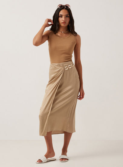 Chain Accent Wrap Skirt with Zip Closure-Midi-image-1