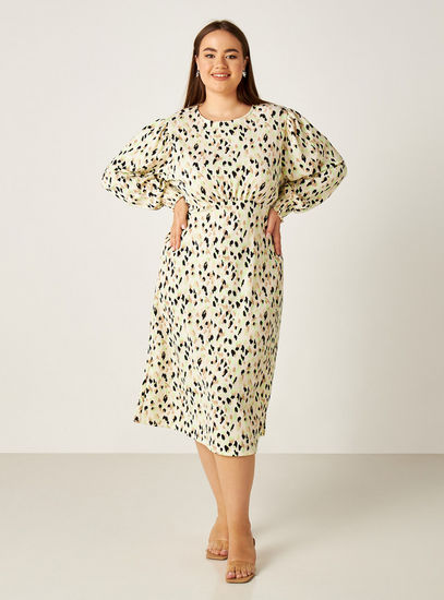 All-Over Printed Midi Dress with Long Sleeves and Tie-Up Belt-Maxi-image-0