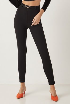 Solid Leggings with Belt and Elasticised Waistband