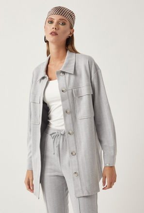 Textured Longline Shacket with Long Sleeves and Pockets