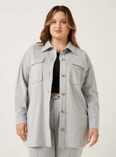 Textured Longline Shacket with Long Sleeves and Pockets-Jackets-image-0