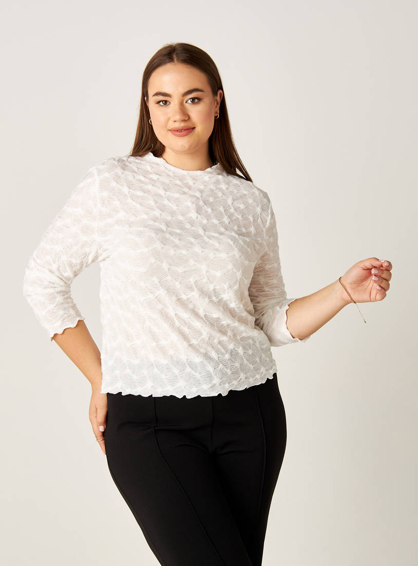 Crinkle Textured Knitted Top with High Neck and 3/4 Sleeves-Blouses-image-0