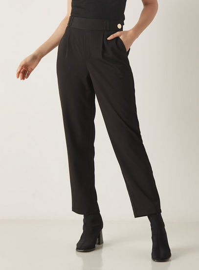 Pleated Ankle Length Pants with Button Detail