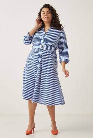 All-Over Striped Midi Shirt Dress with Belt