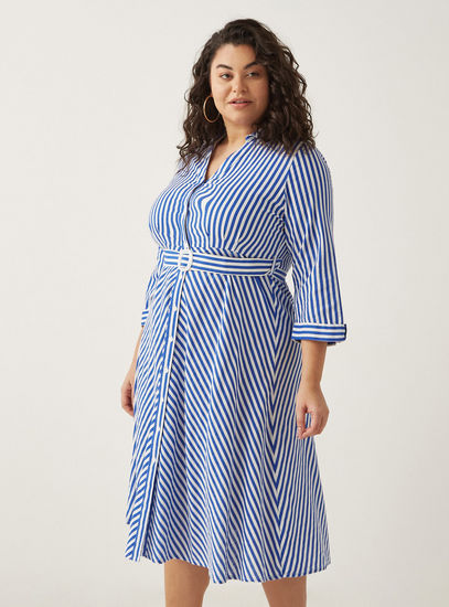 All-Over Striped Midi Shirt Dress with Belt-Midi-image-1