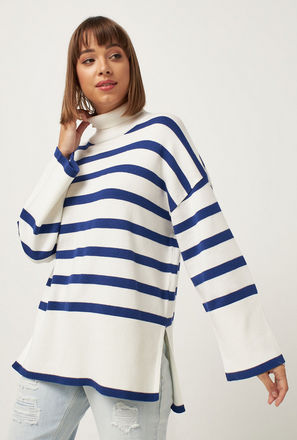 Striped Longline Turtle Neck Sweater with Slit