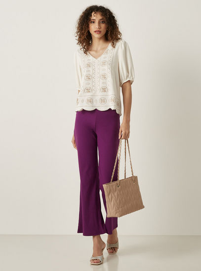 Embroidered Top with Puff Sleeves and Scalloped Hem-Shirts & Blouses-image-1