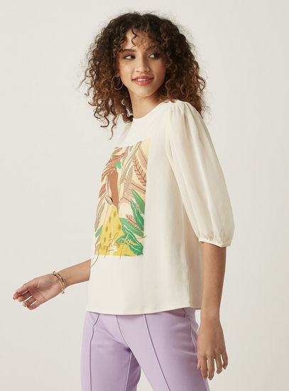 Graphic Print Top with Puff Sleeves