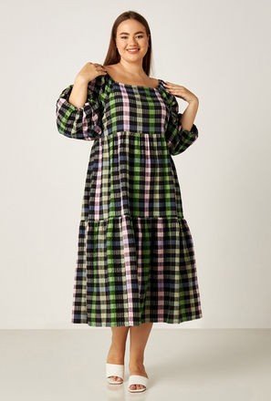 All-Over Checked Midi Tiered Dress with Balloon Sleeves