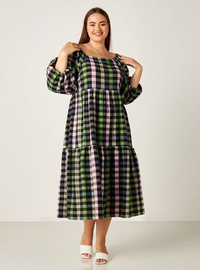All-Over Checked Midi Tiered Dress with Balloon Sleeves-Midi-image-0