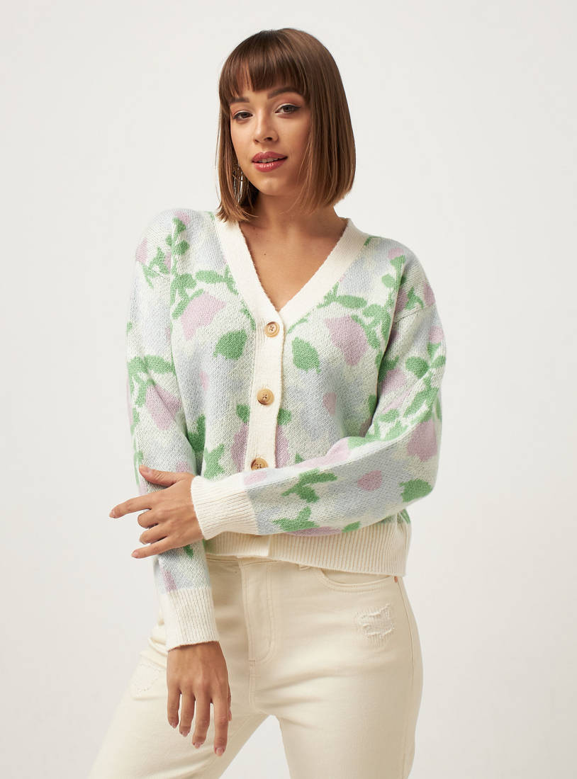 All-Over Floral Detail Button Through Cardigan-Sweaters & Cardigans-image-0