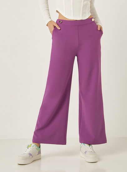 Solid Wide Leg Pants with Pockets and Button Detail