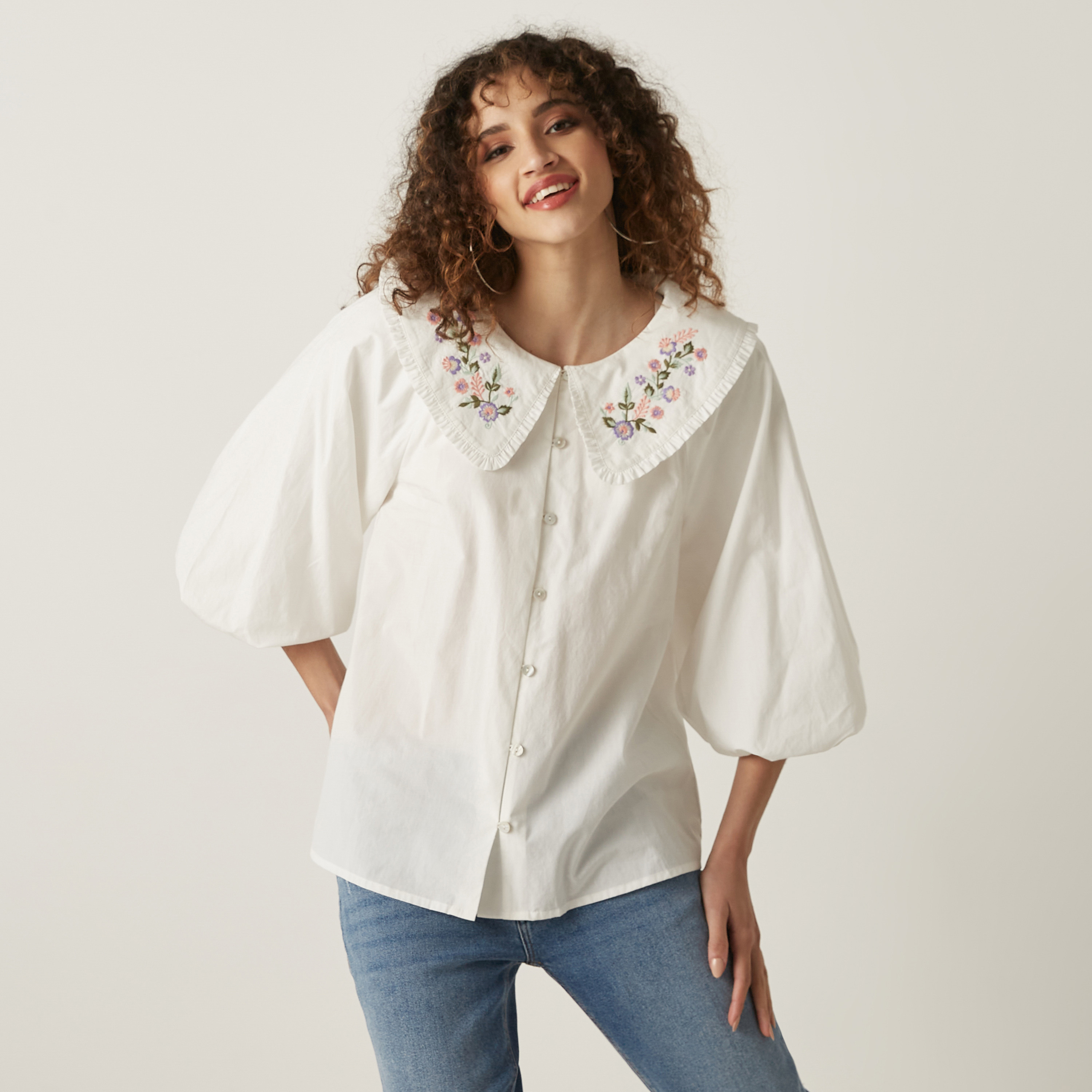 Shop Embroidered Peter Pan Collar Shirt with Volume Sleeves Shop Embroidered Peter Pan Collar Shirt with Volume Sleeves