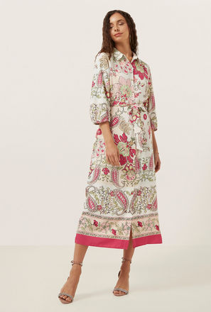 All-Over Floral Print Midi Dress with Volume Sleeves