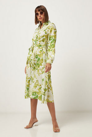 All-Over Leaf Print Midi Shirt Dress with Tie-Up Belt