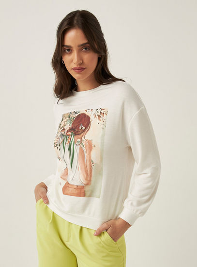 Printed Sweatshirt with Long Sleeves and Embellished Detail-Hoodies & Sweatshirts-image-0