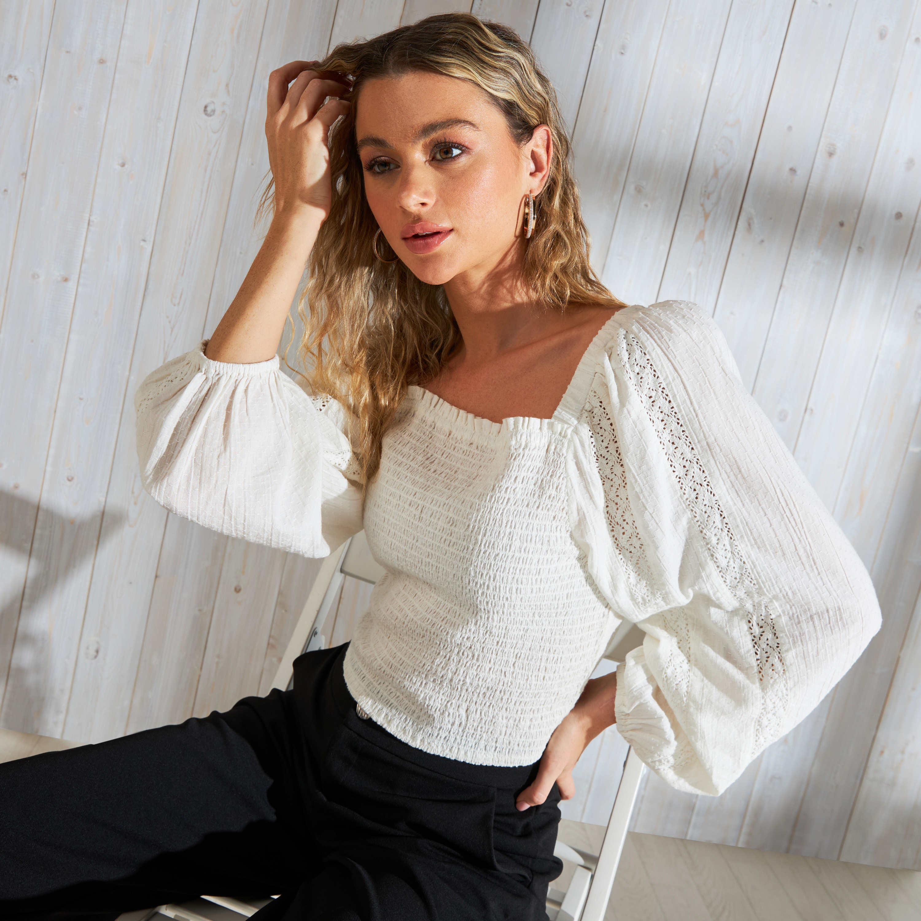 Shop Shirring Textured Top with Square Neck and Balloon