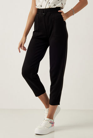 Solid Mid-Rise Cropped Pants with Toggle Drawstring Closure and Pockets