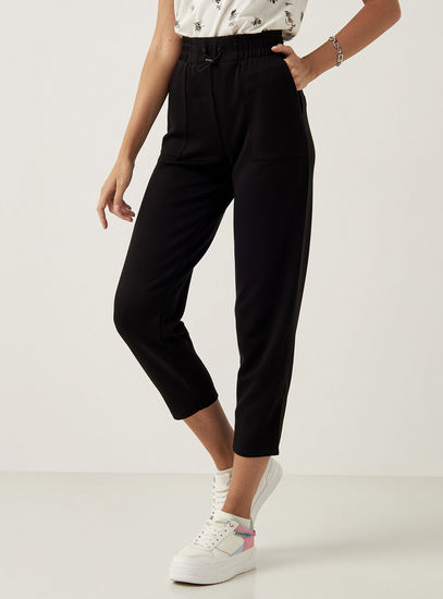 Solid Mid-Rise Cropped Pants with Toggle Drawstring Closure and Pockets