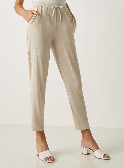 Textured Crepe Pants with Drawstring Closure and Pockets