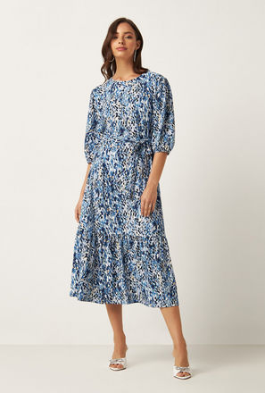 All-Over Print Midi Tiered Dress with Belt Tie-Ups