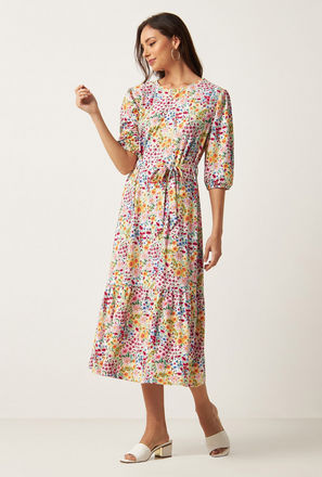 All-Over Floral Print Midi Tiered Dress with Belt Tie-Ups