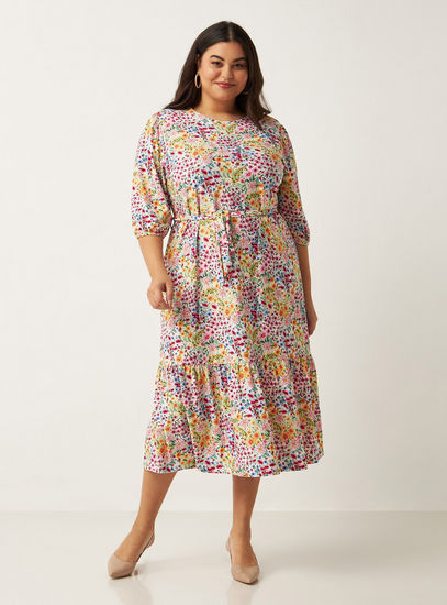 All-Over Floral Print Midi Tiered Dress with Belt Tie-Ups-Midi-image-0