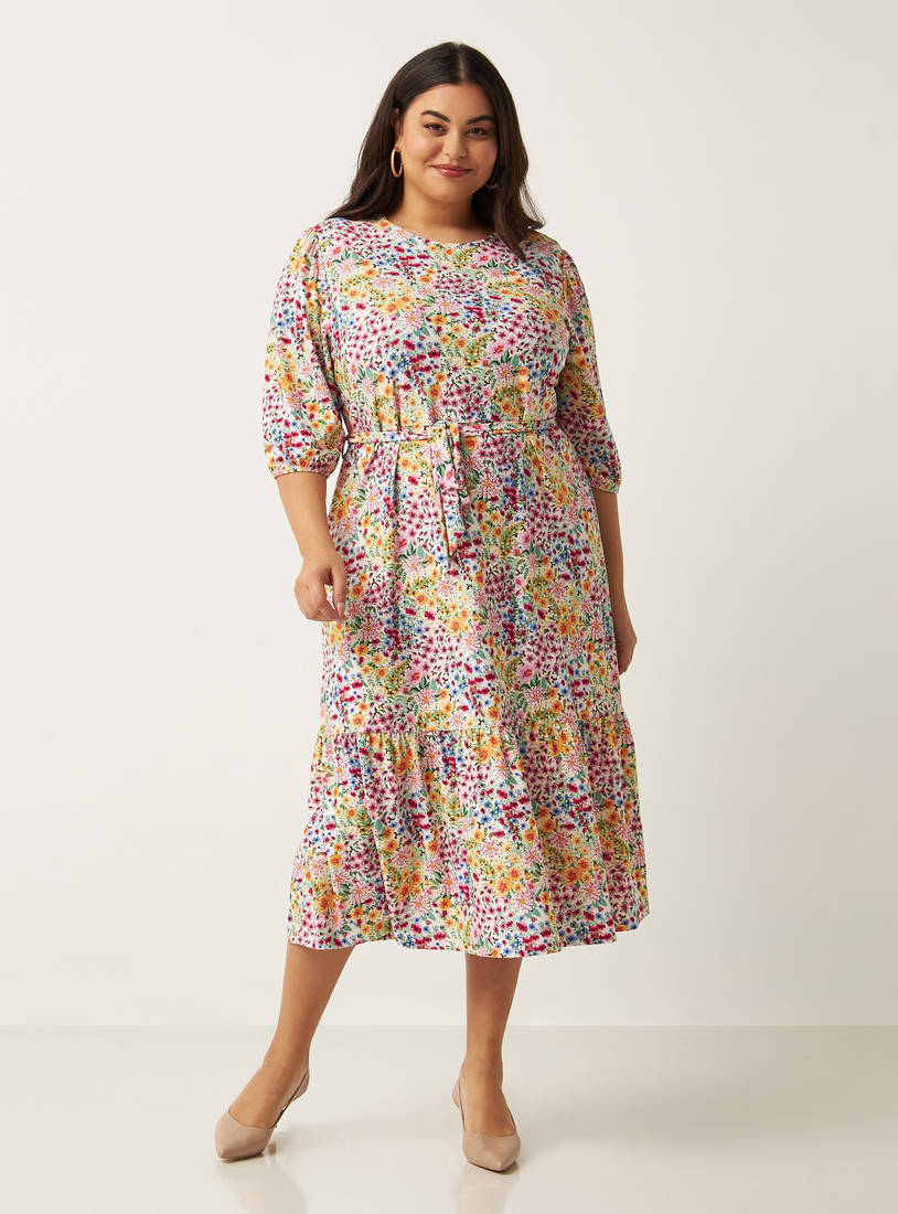 All-Over Floral Print Midi Tiered Dress with Belt Tie-Ups-Midi-image-0