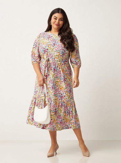 All-Over Floral Print Midi Tiered Dress with Belt Tie-Ups-Midi-image-1
