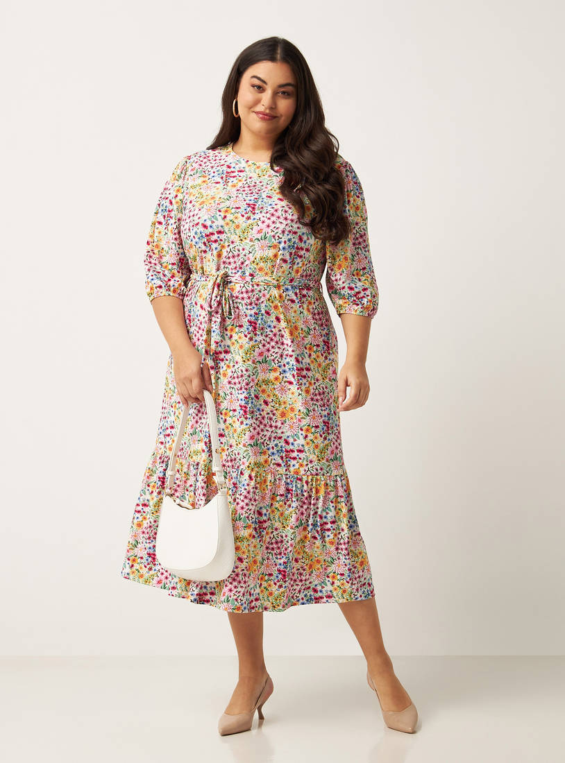 All-Over Floral Print Midi Tiered Dress with Belt Tie-Ups-Midi-image-1
