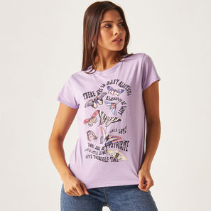 Butterfly Print BCI Cotton T-shirt with Short Sleeves