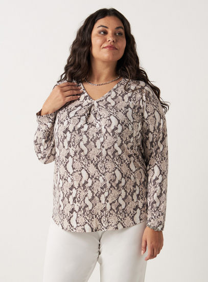 All-Over Print V-neck Top with Long Sleeves