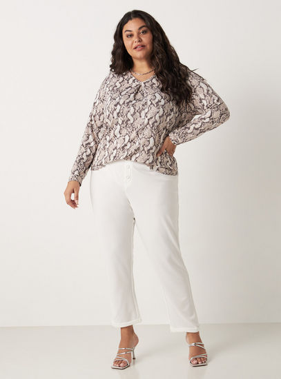 All-Over Print V-neck Top with Long Sleeves