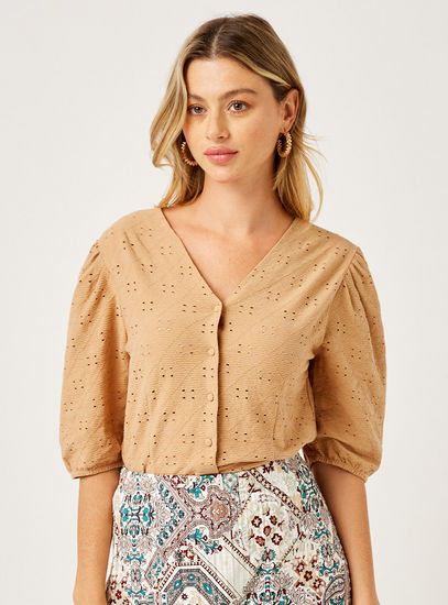 Embroidered Top with Puff Sleeves-Blouses-image-0