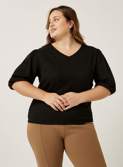Textured V-neck Top with Puff Sleeves